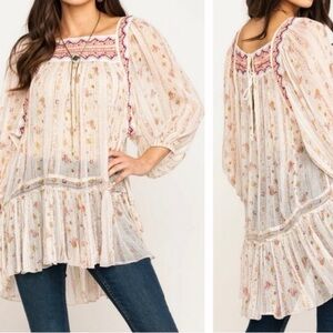 Free People Embroidered Floral Metallic Tunic Top Ivory Burgundy OB834241